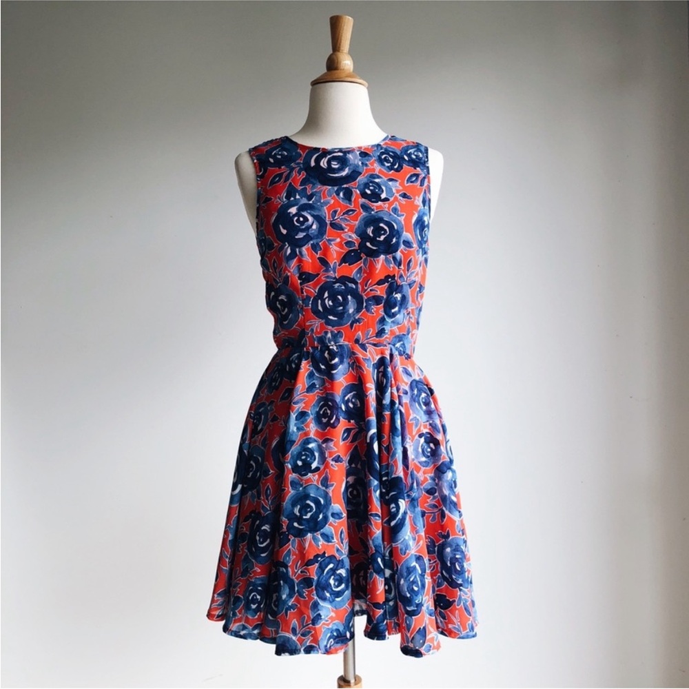 Maison Jules Red and Navy Floral Fit-and-Flare Dress